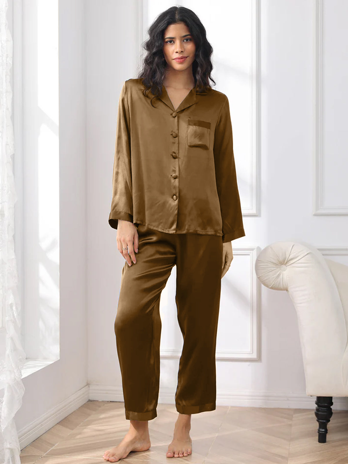 [Brown] SilkSilky  Pure Silk Womens Pajamas 001
