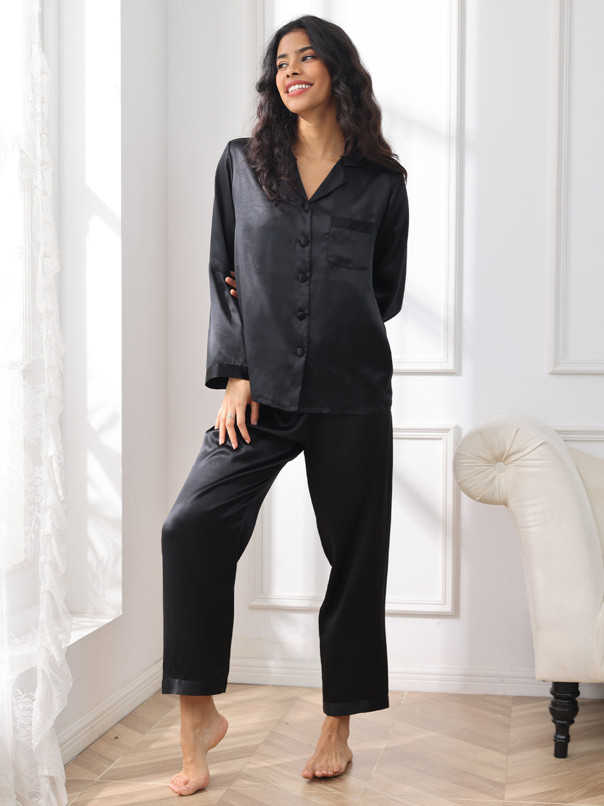 [Black] SilkSilky  Pure Silk Womens Pajamas 004