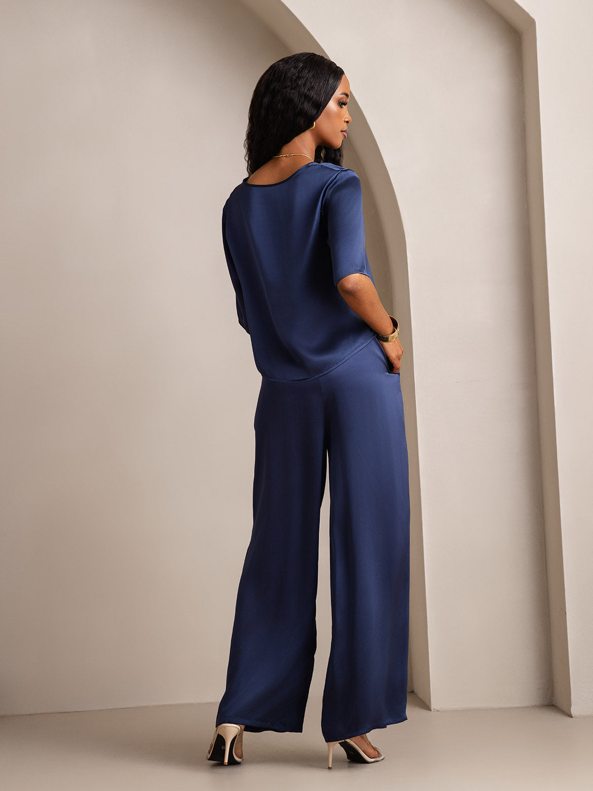 [Dark Blue] SilkSilky  Pure Silk Round Neck Women's Pajamas 002