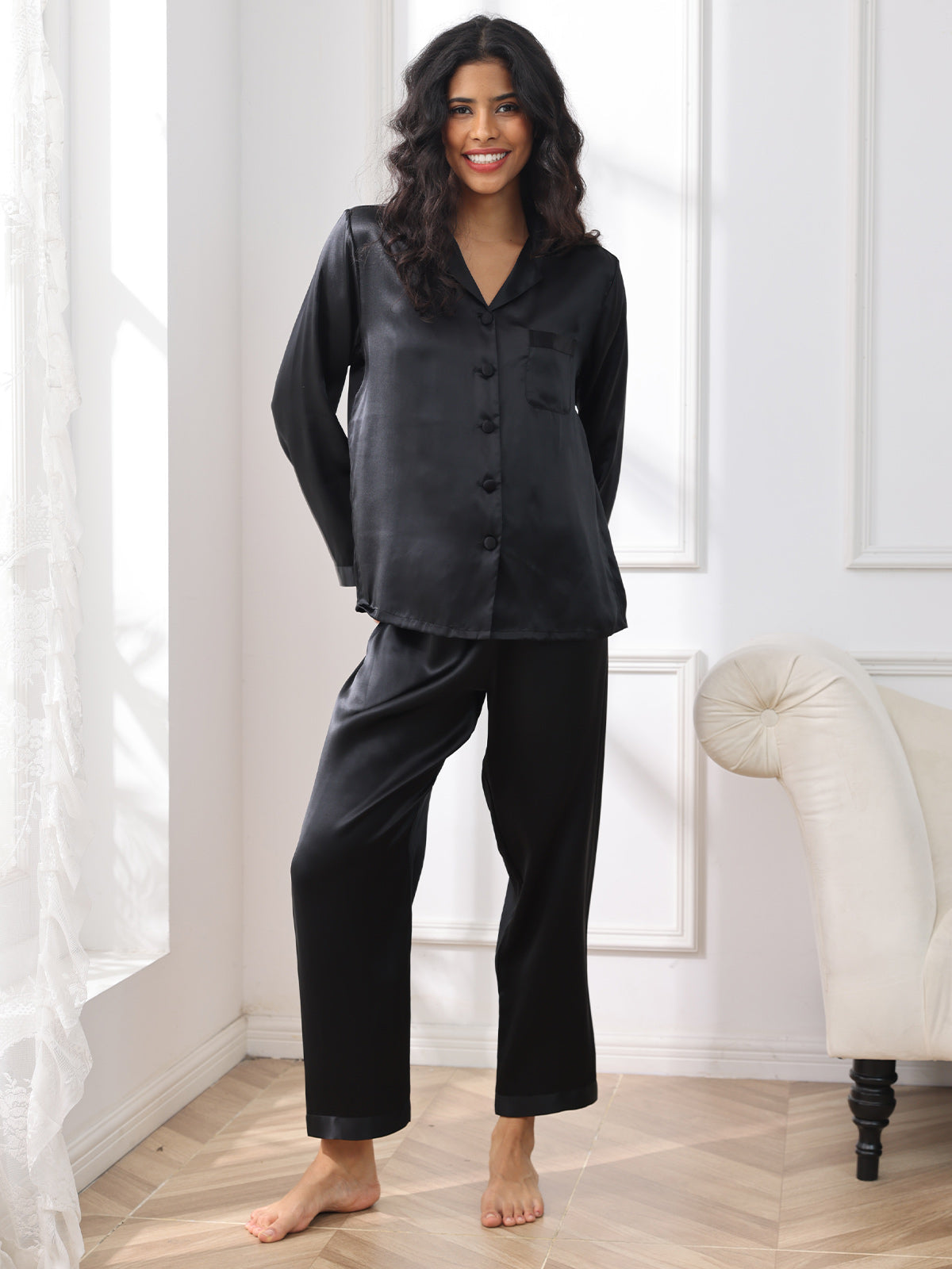 [Black] SilkSilky  Pure Silk Womens Pajamas 003