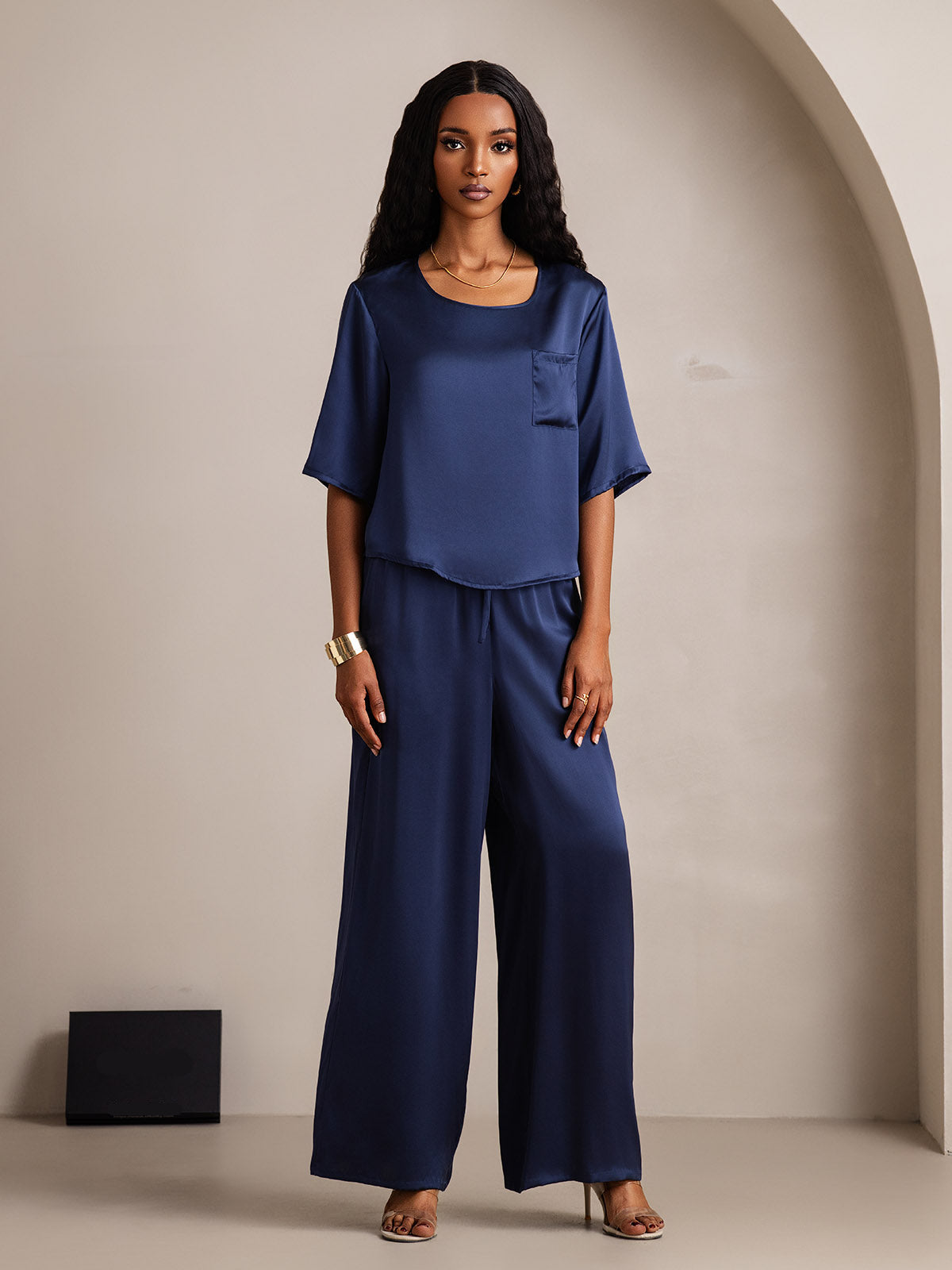 [Dark Blue] SilkSilky  Pure Silk Round Neck Women's Pajamas 005