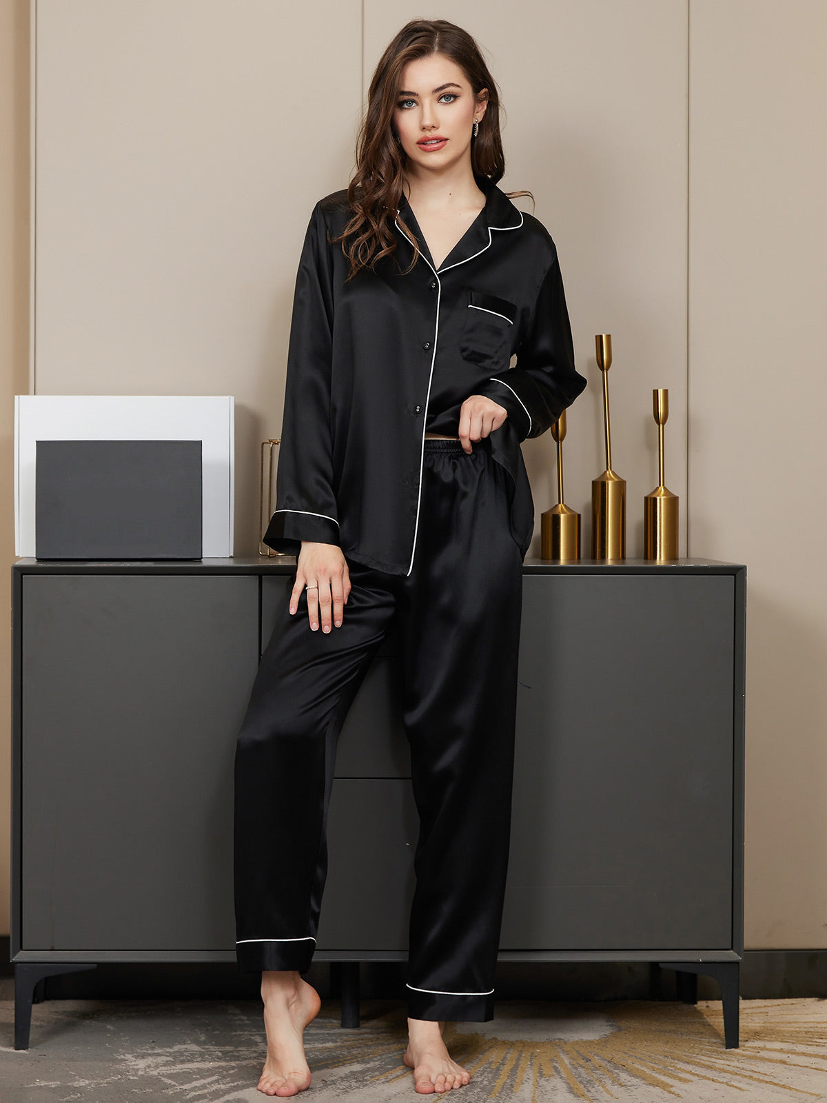 [Black] SilkSilky Pure Silk Long Sleeve Lapel Women's Pajamas 001