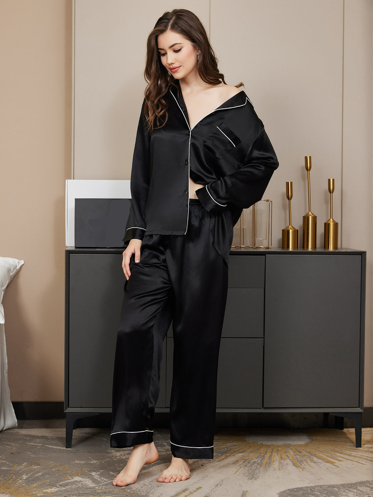 [Black] SilkSilky Pure Silk Long Sleeve Lapel Women's Pajamas 004
