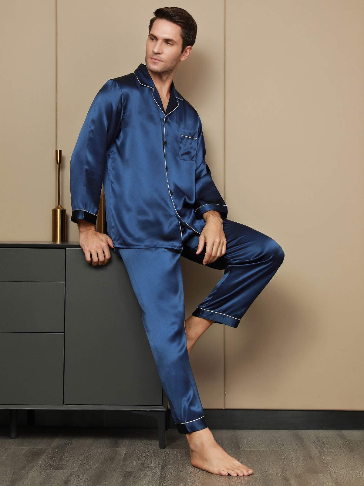 [Dark Blue] SilkSilky Pure Silk Long Sleeve Lapel Men's Pajamas 001