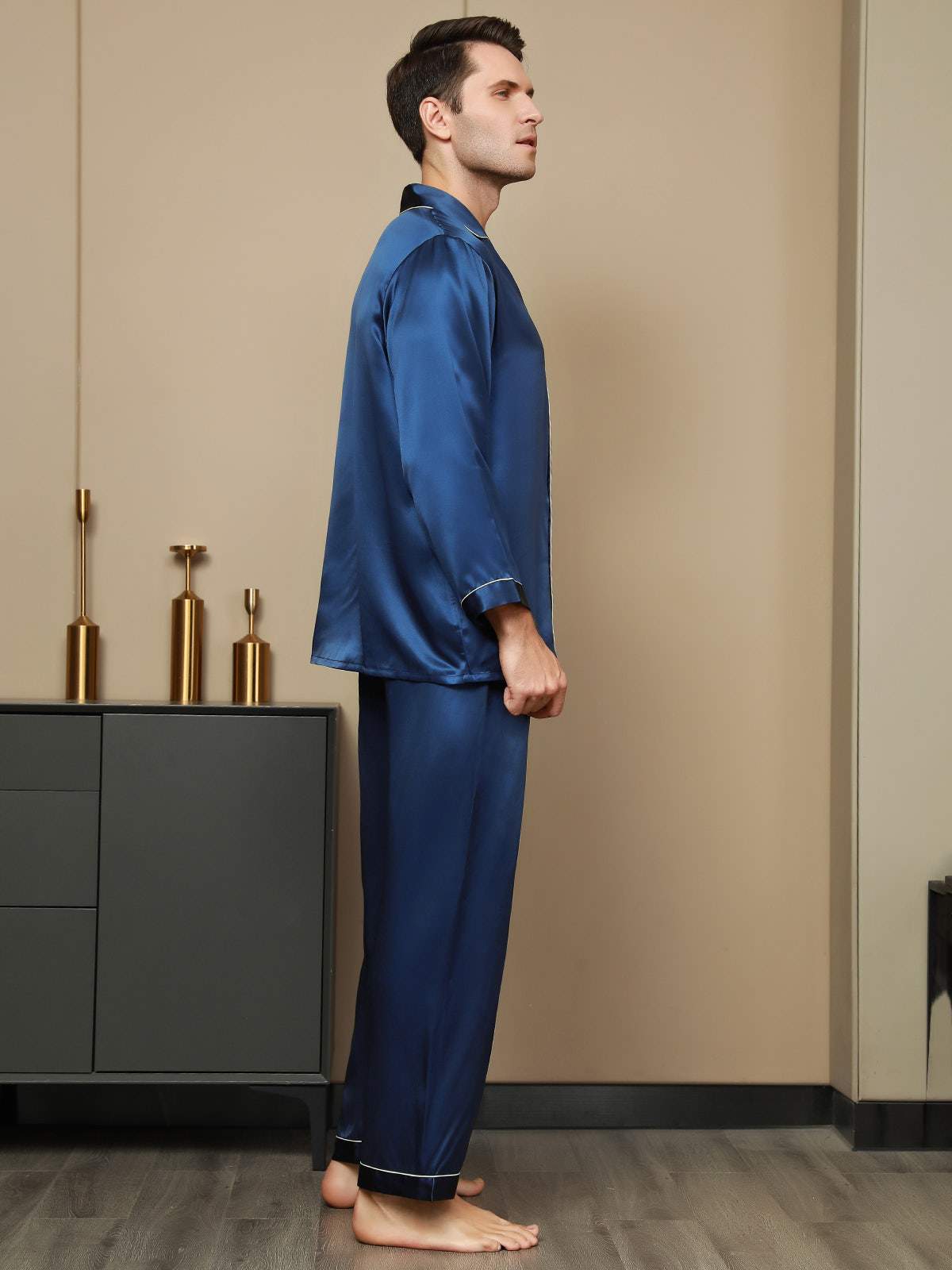 [Dark Blue] SilkSilky Pure Silk Long Sleeve Lapel Men's Pajamas 003