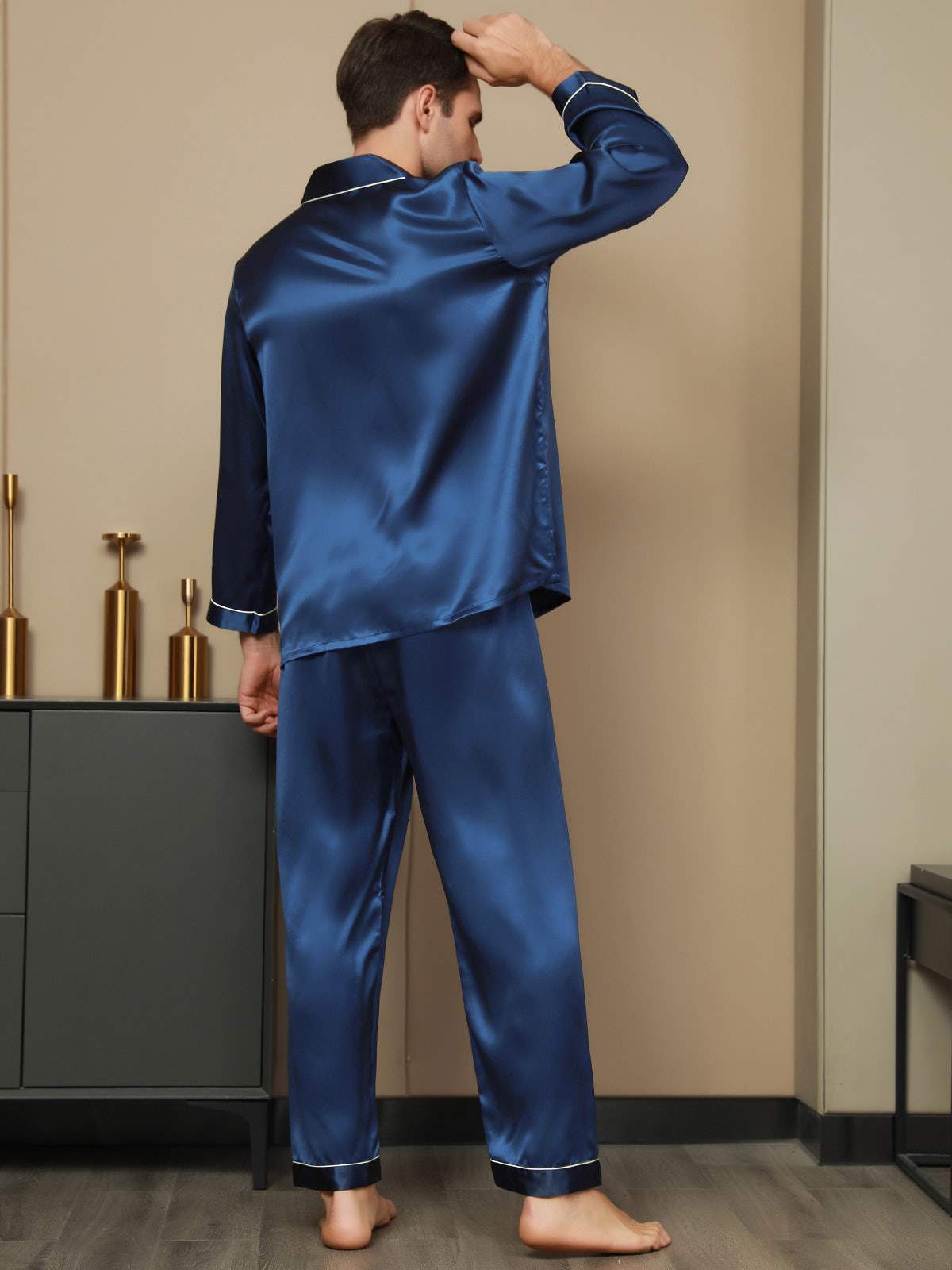 [Dark Blue] SilkSilky Pure Silk Long Sleeve Lapel Men's Pajamas 004