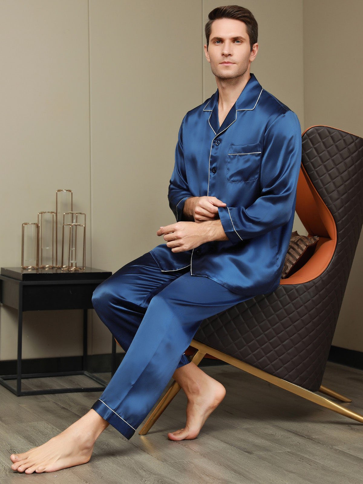 [Dark Blue] SilkSilky Pure Silk Long Sleeve Lapel Men's Pajamas 006