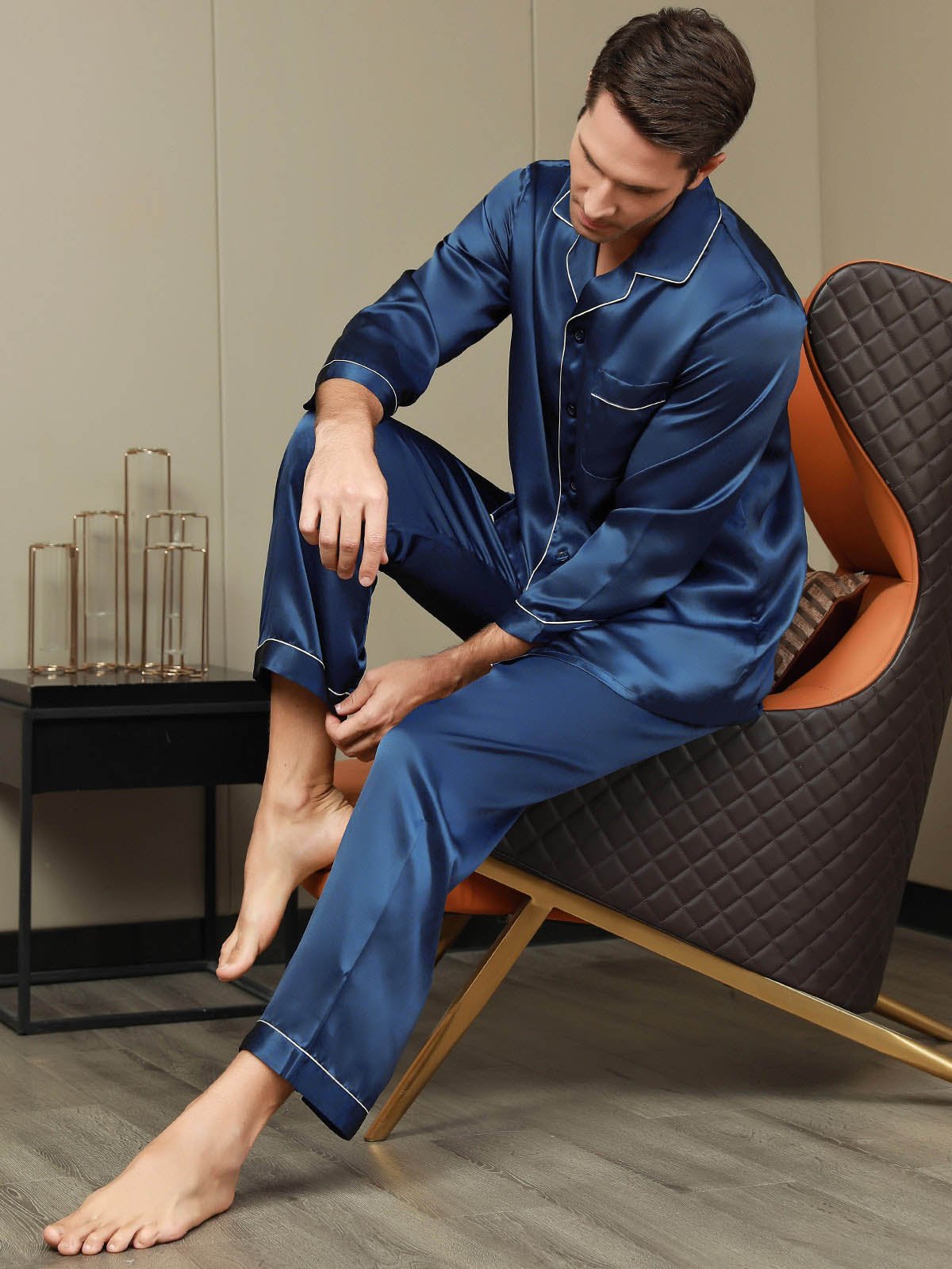 [Dark Blue] SilkSilky Pure Silk Long Sleeve Lapel Men's Pajamas 007
