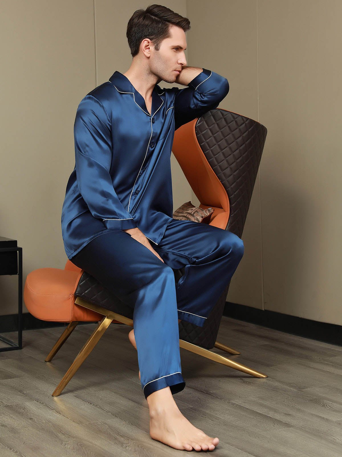 [Dark Blue] SilkSilky Pure Silk Long Sleeve Lapel Men's Pajamas 008