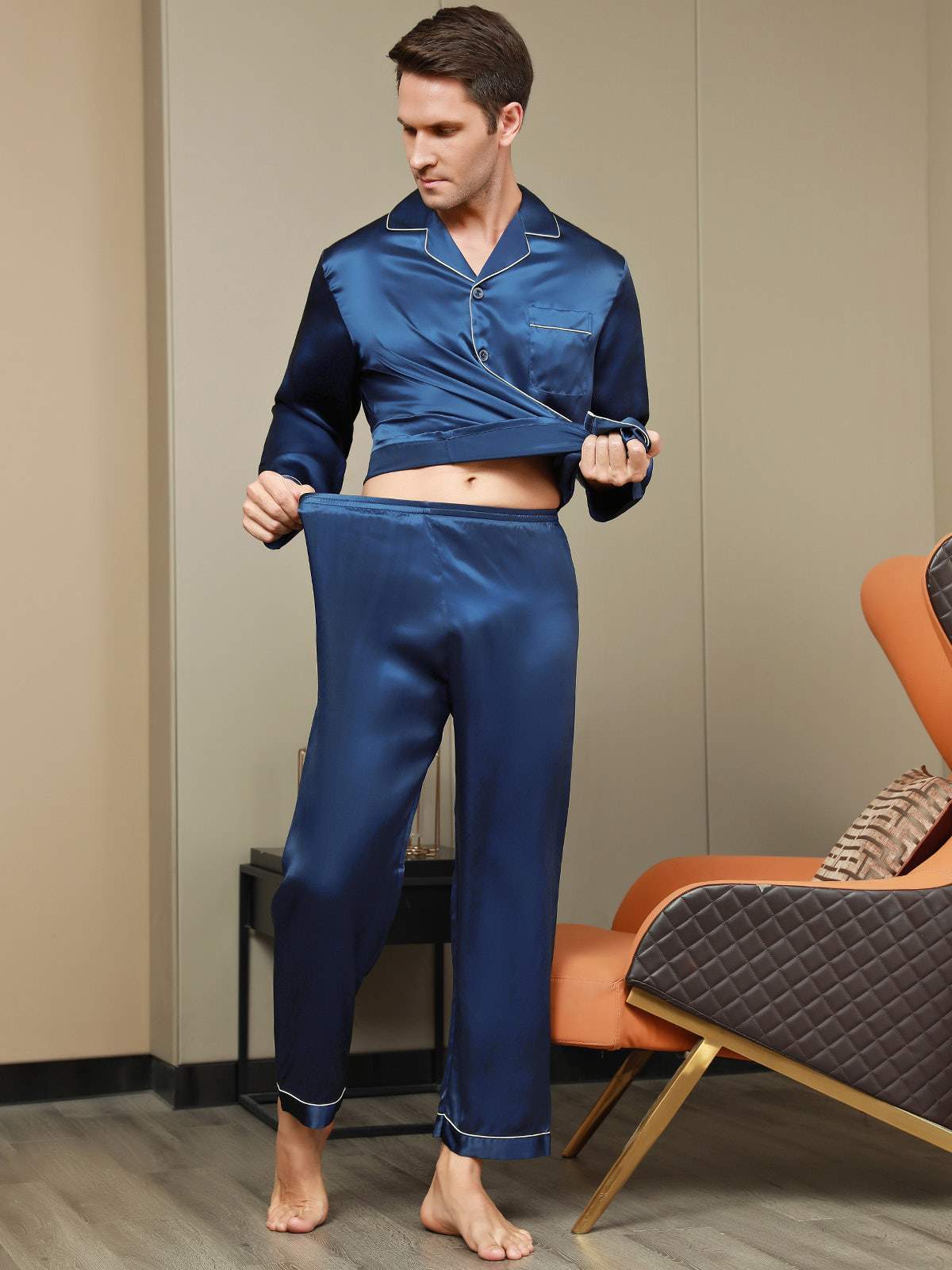 [Dark Blue] SilkSilky Pure Silk Long Sleeve Lapel Men's Pajamas 009