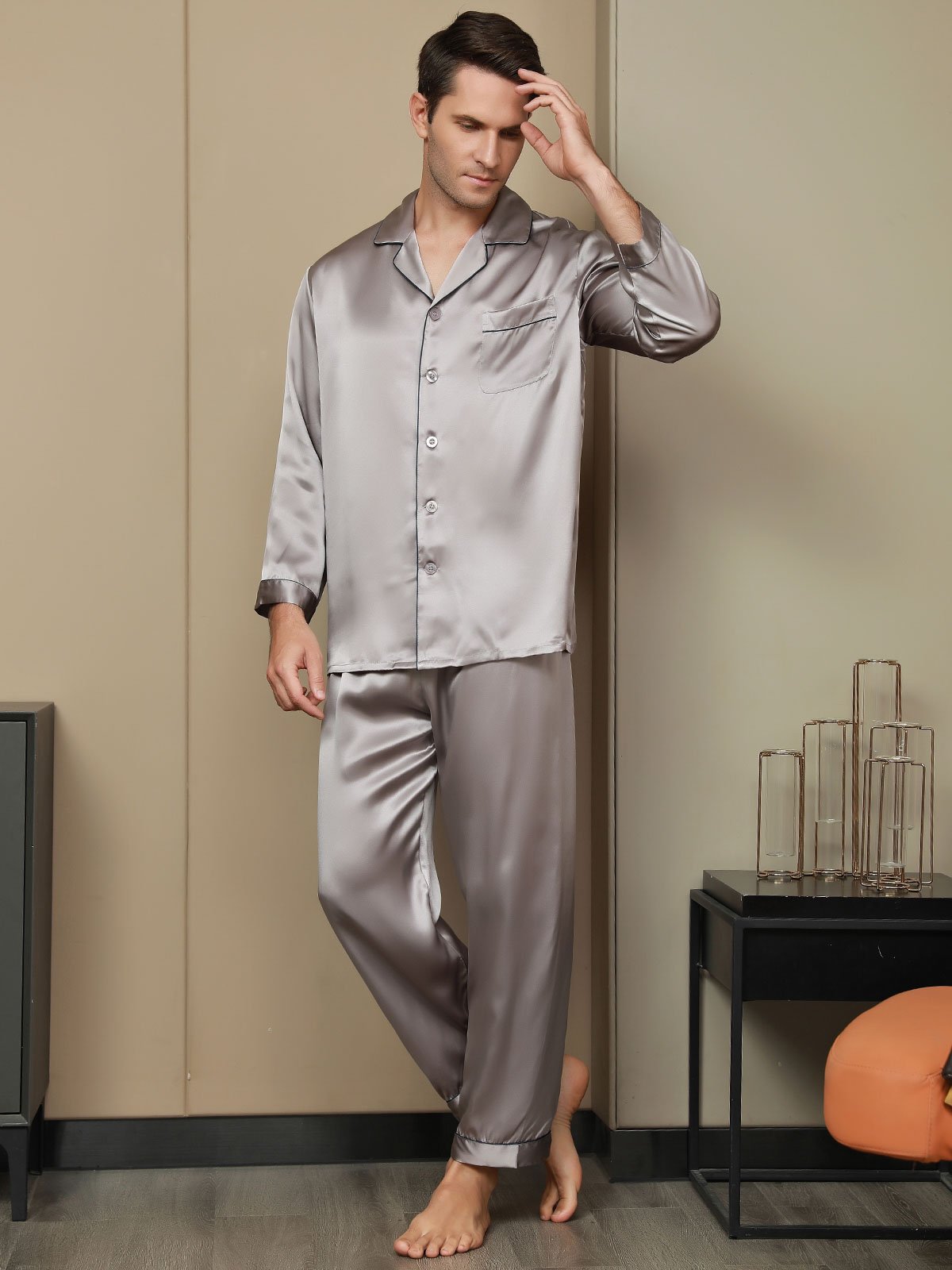 [Gray] SilkSilky Pure Silk Long Sleeve Lapel Men's Pajamas 002