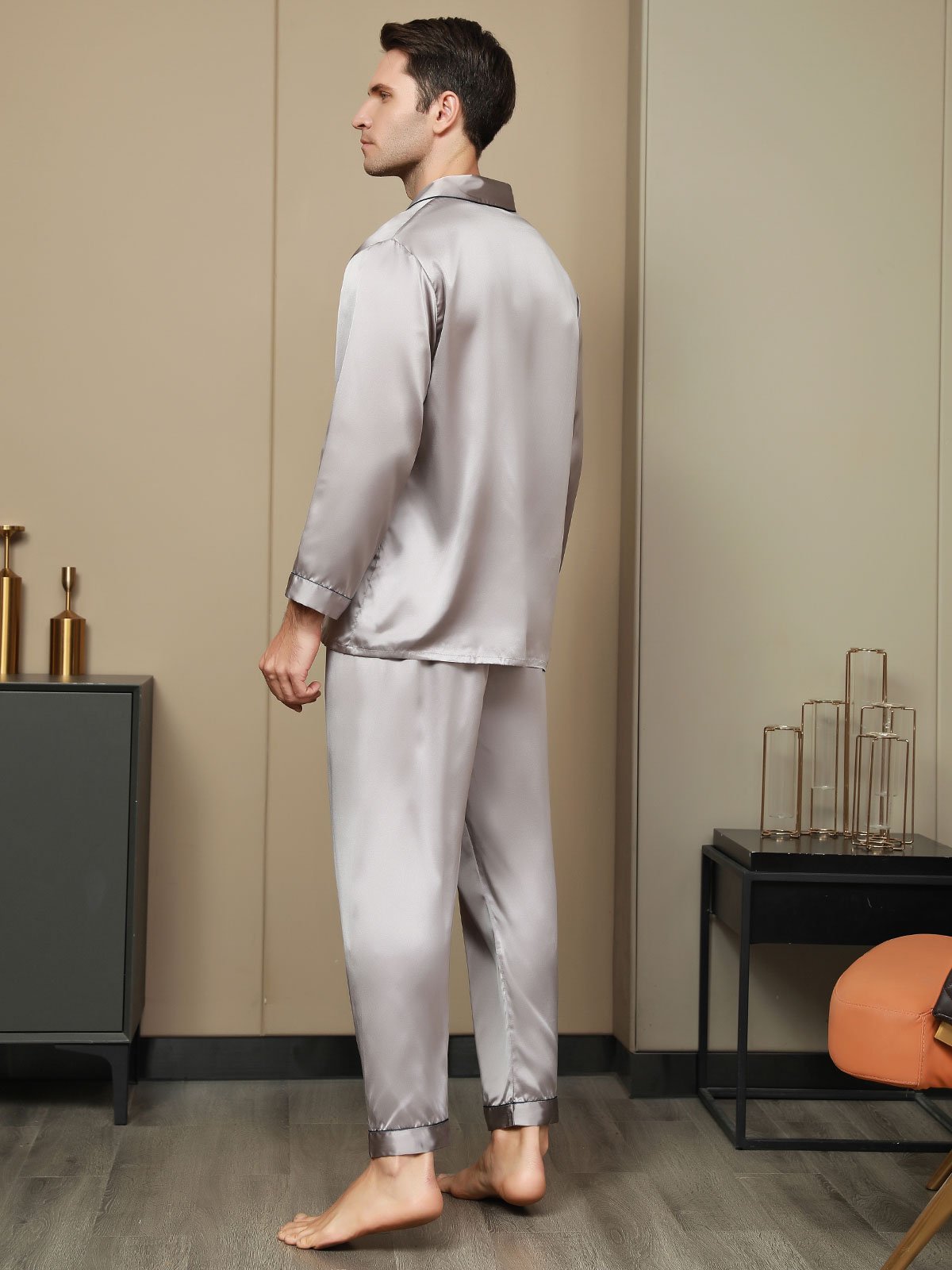 [Gray] SilkSilky Pure Silk Long Sleeve Lapel Men's Pajamas 003