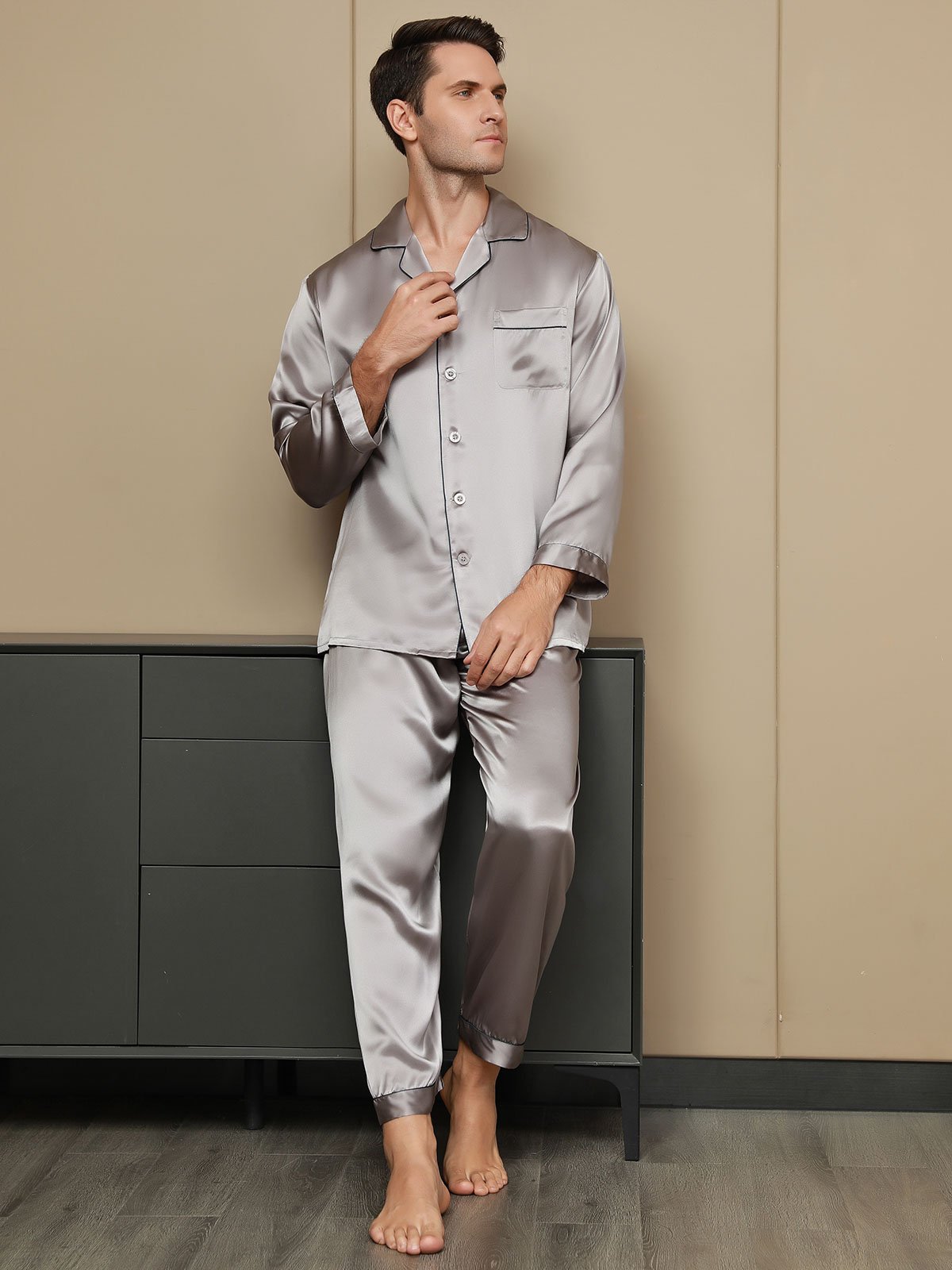 [Gray] SilkSilky Pure Silk Long Sleeve Lapel Men's Pajamas 004