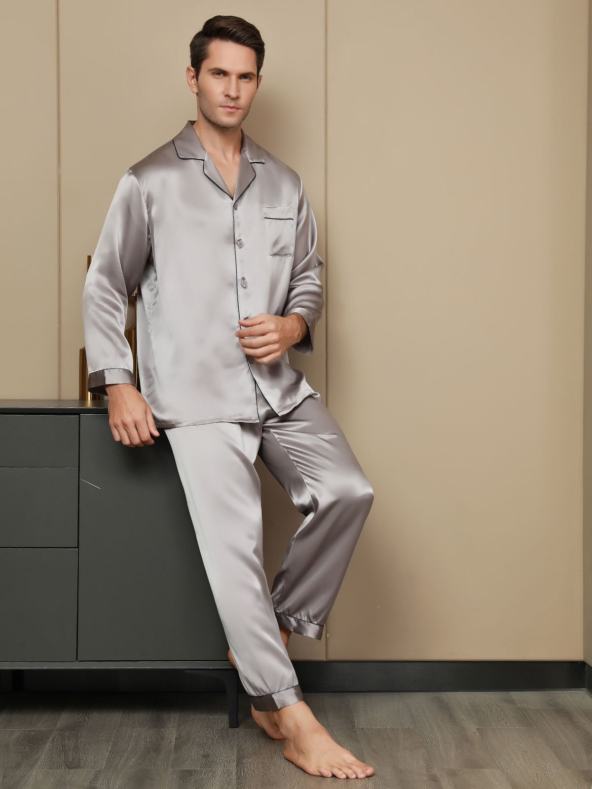 [Gray] SilkSilky Pure Silk Long Sleeve Lapel Men's Pajamas 006
