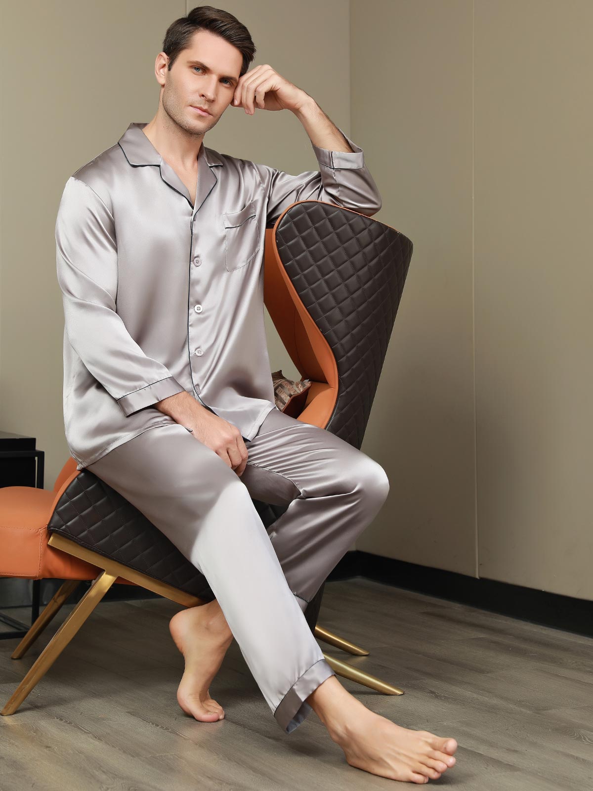 [Gray] SilkSilky Pure Silk Long Sleeve Lapel Men's Pajamas 007