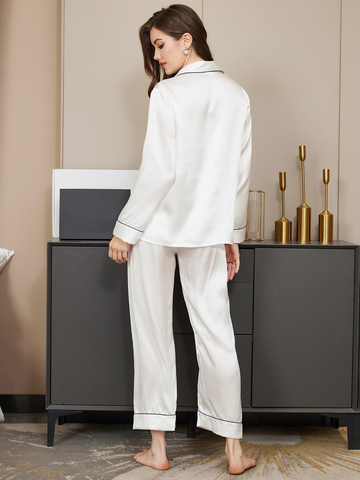 [White] SilkSilky Pure Silk Long Sleeve Lapel Women's Pajamas 002