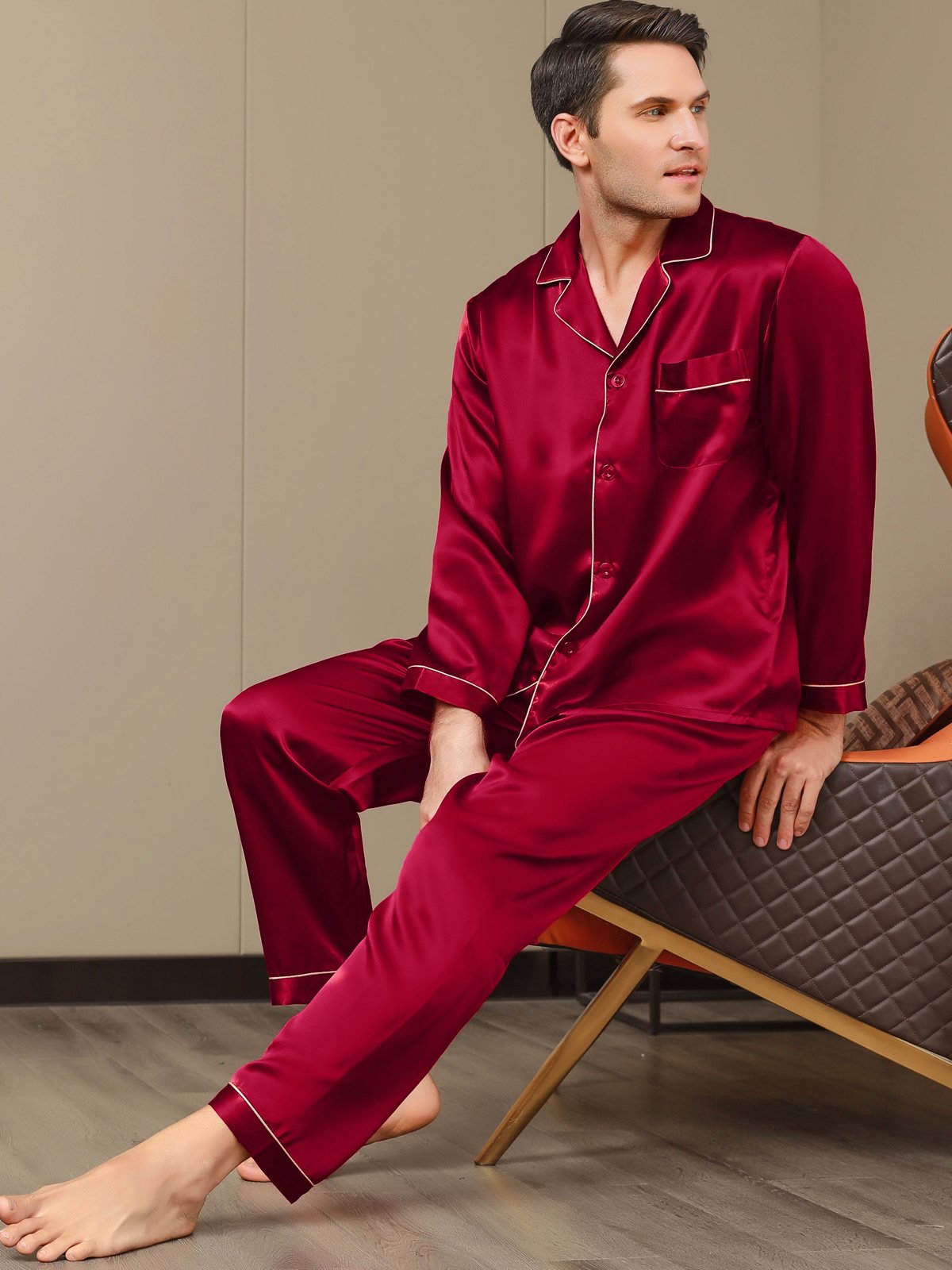 [Wine] SilkSilky Pure Silk Long Sleeve Lapel Men's Pajamas 001