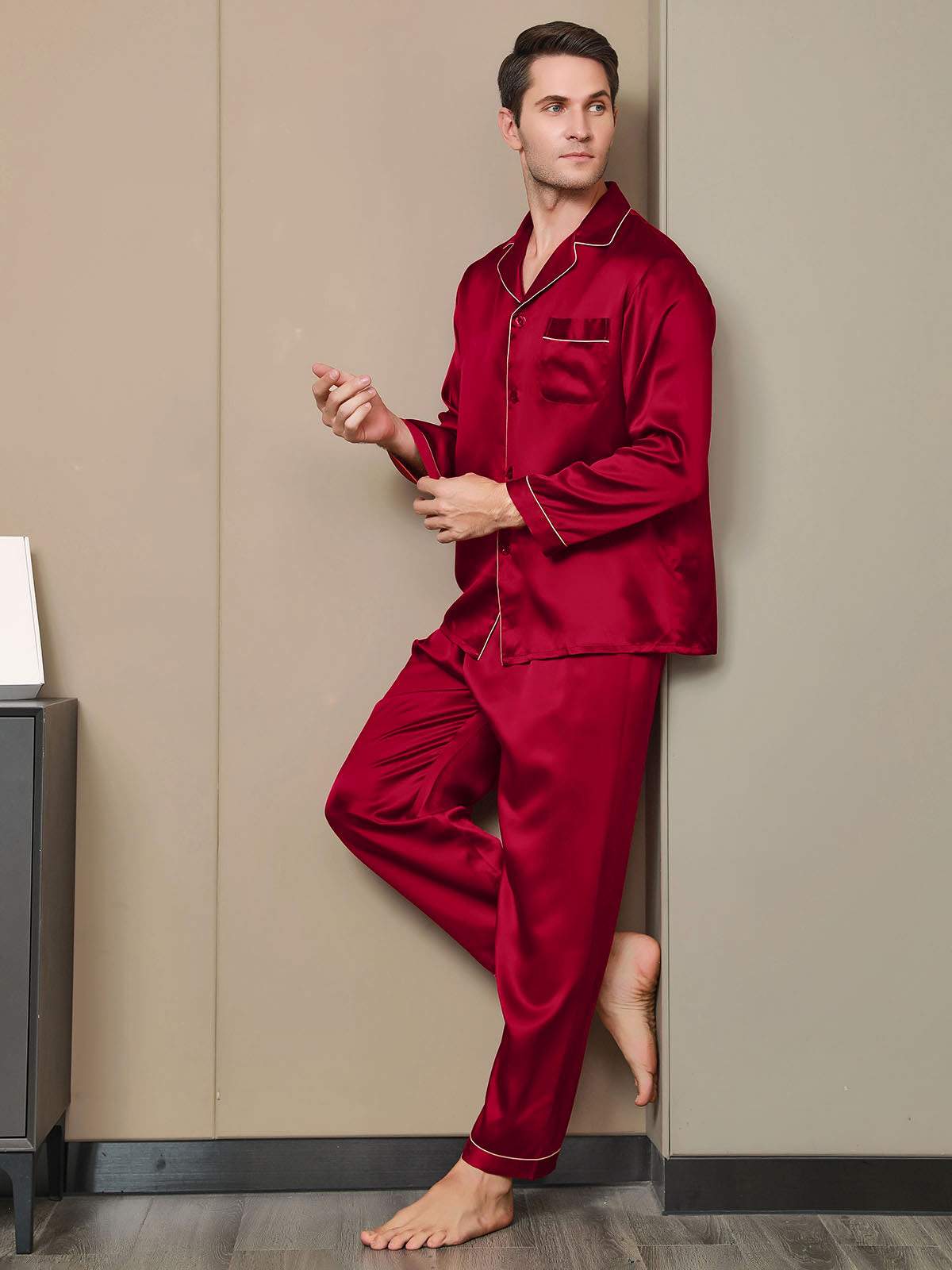 [Wine] SilkSilky Pure Silk Long Sleeve Lapel Men's Pajamas 002
