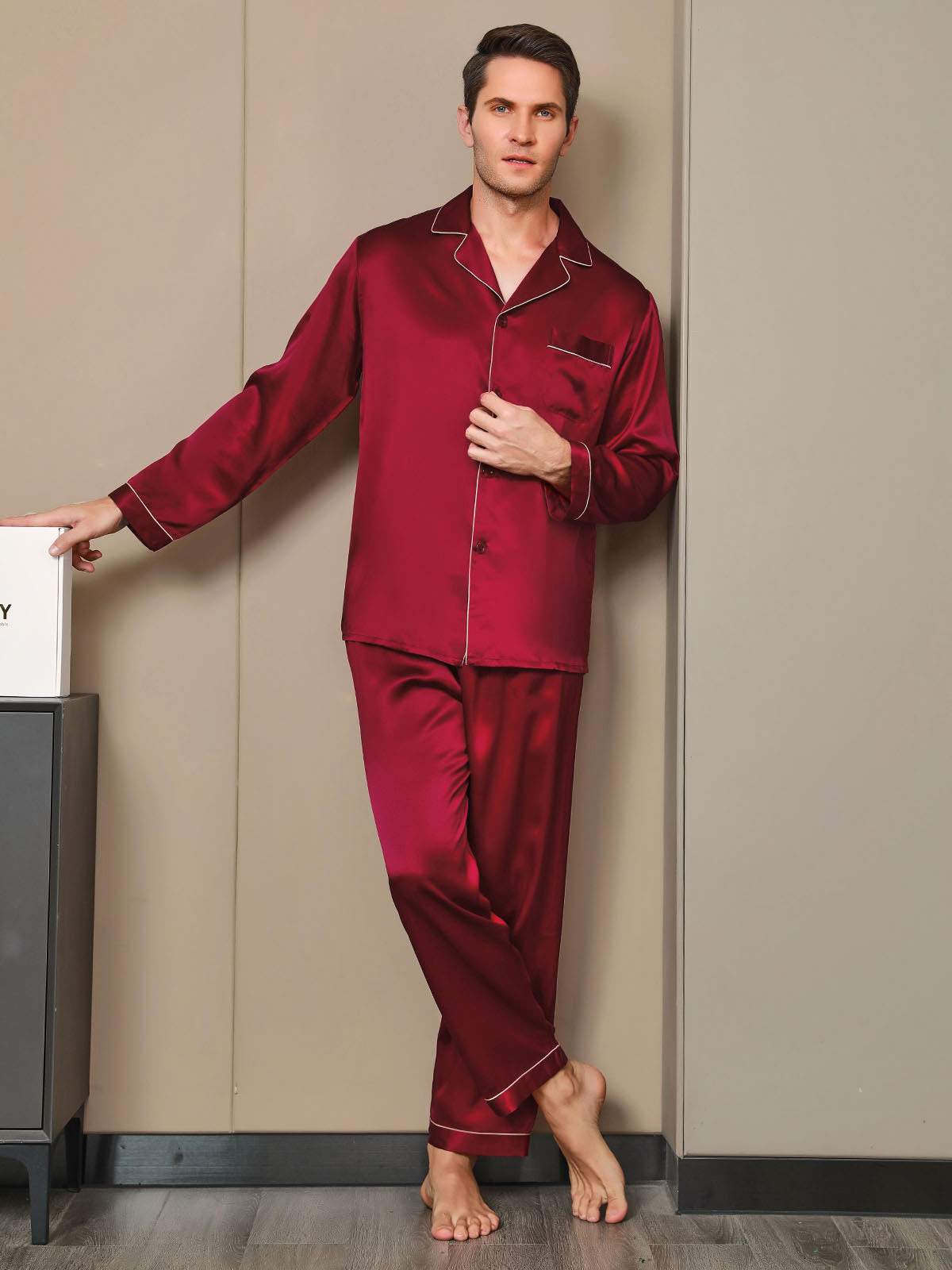 [Wine] SilkSilky Pure Silk Long Sleeve Lapel Men's Pajamas 004