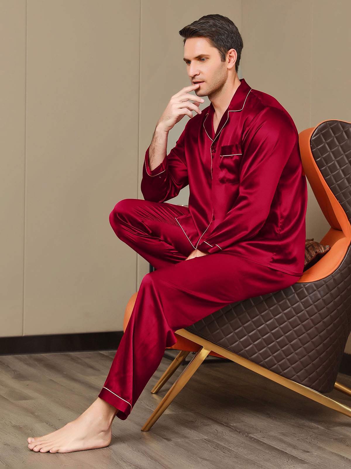 [Wine] SilkSilky Pure Silk Long Sleeve Lapel Men's Pajamas 005