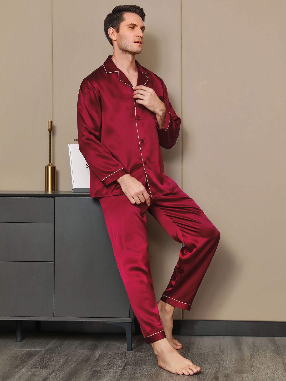[Wine] SilkSilky Pure Silk Long Sleeve Lapel Men's Pajamas 006