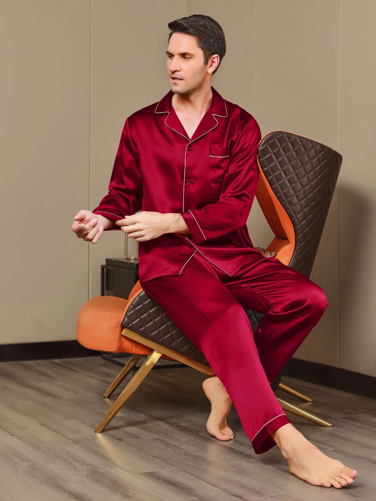 [Wine] SilkSilky Pure Silk Long Sleeve Lapel Men's Pajamas 007