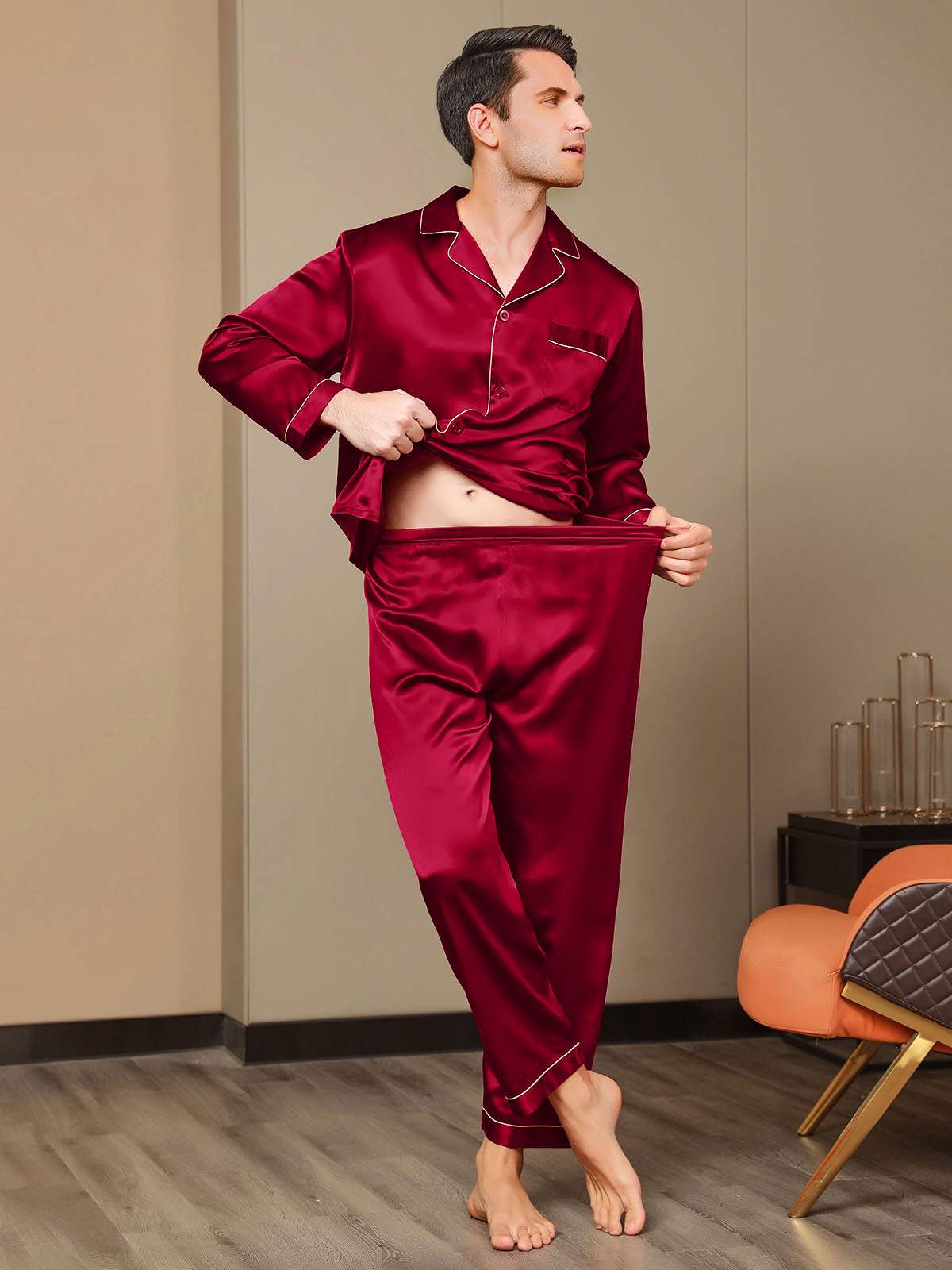 [Wine] SilkSilky Pure Silk Long Sleeve Lapel Men's Pajamas 008