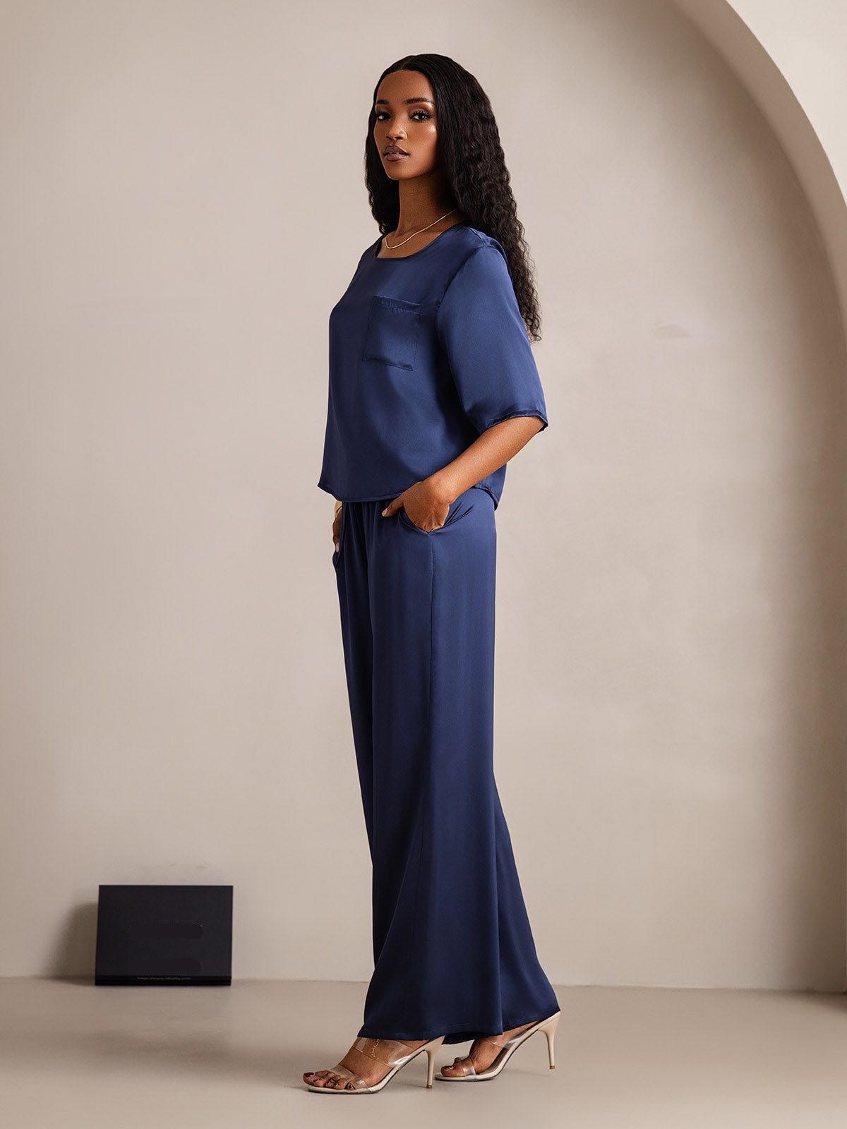 [Dark Blue] SilkSilky  Pure Silk Round Neck Women's Pajamas 004