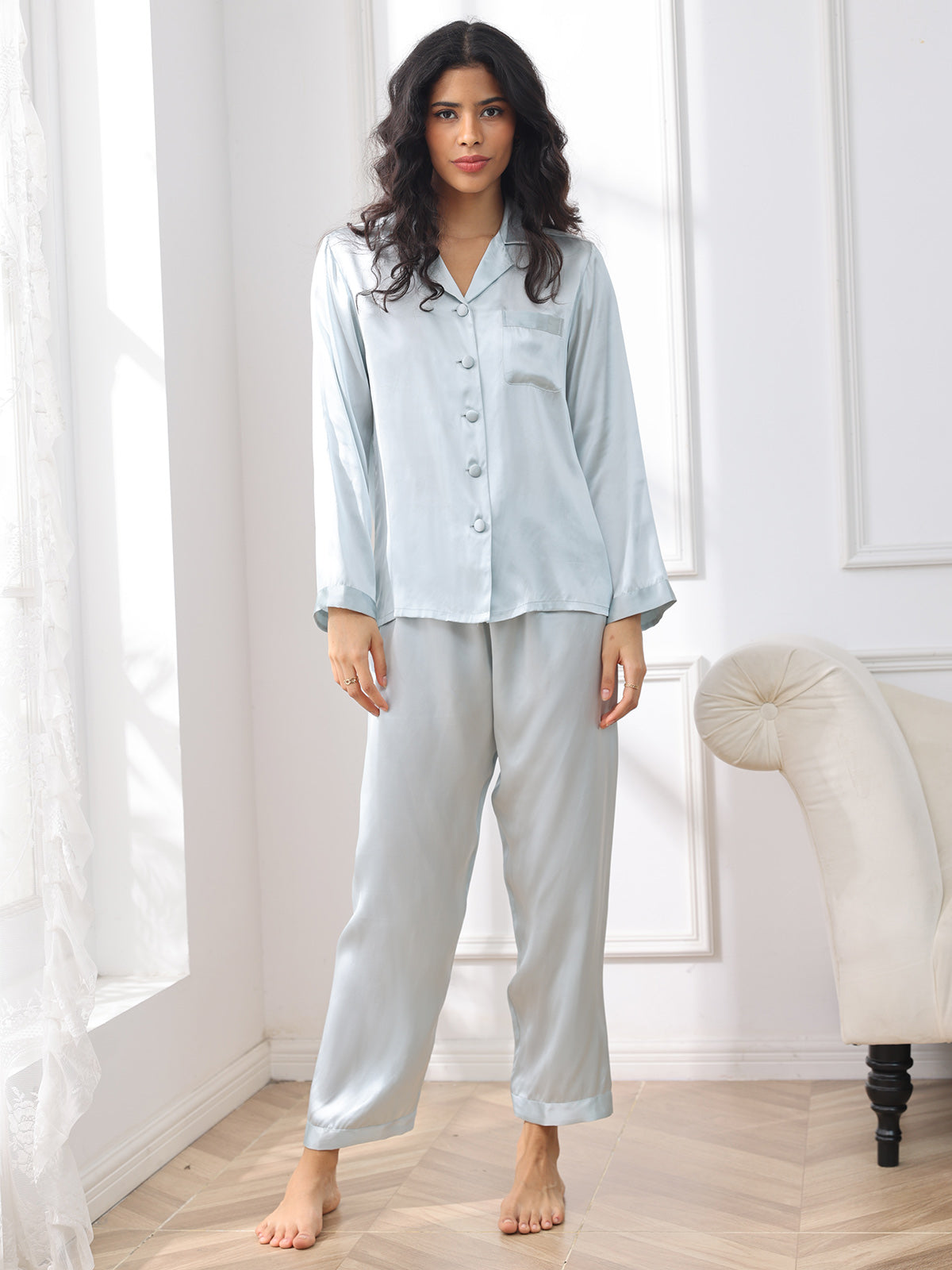 [Light Blue] SilkSilky  Pure Silk Womens Pajamas 003