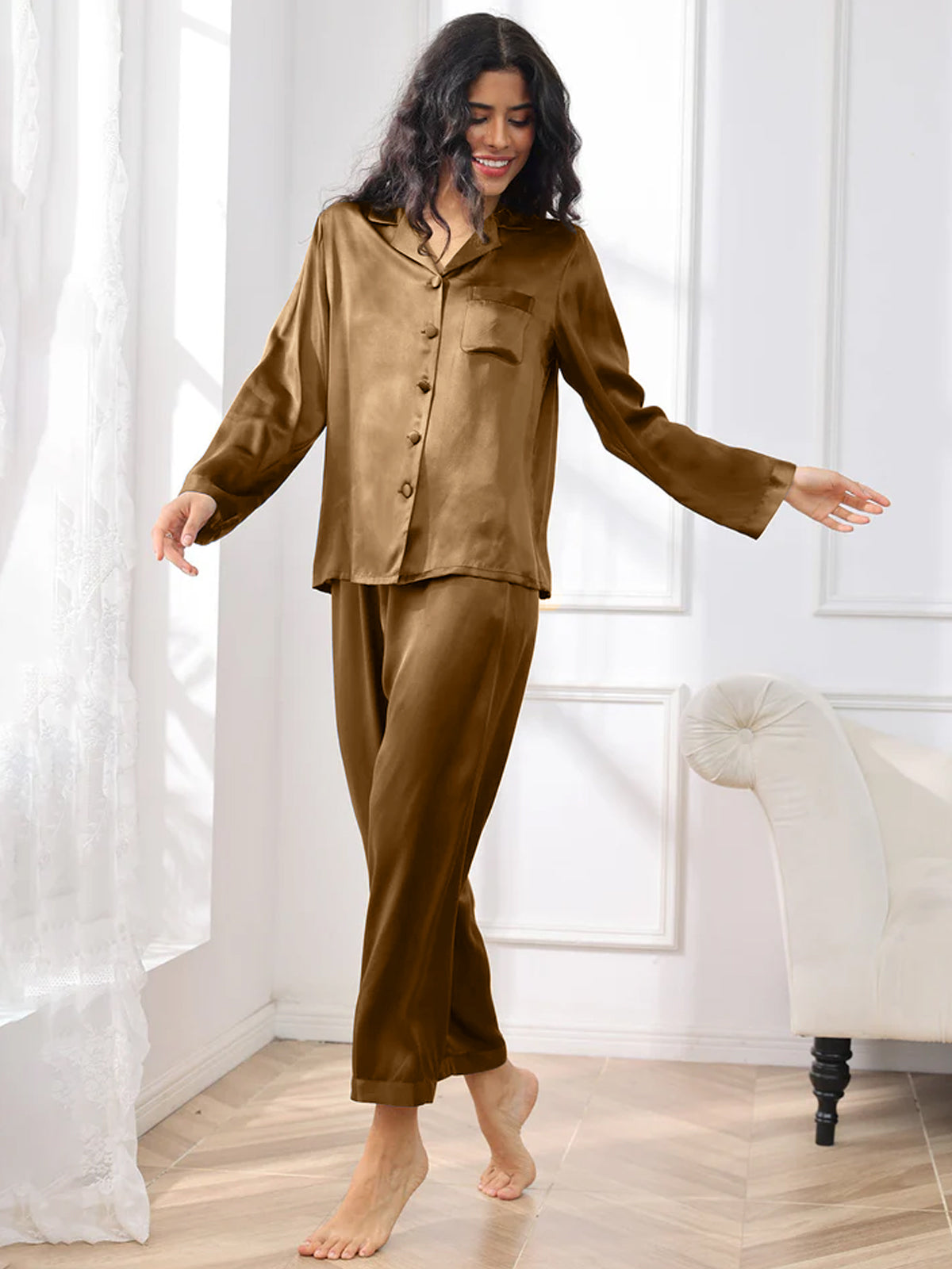 [Brown] SilkSilky  Pure Silk Womens Pajamas 003