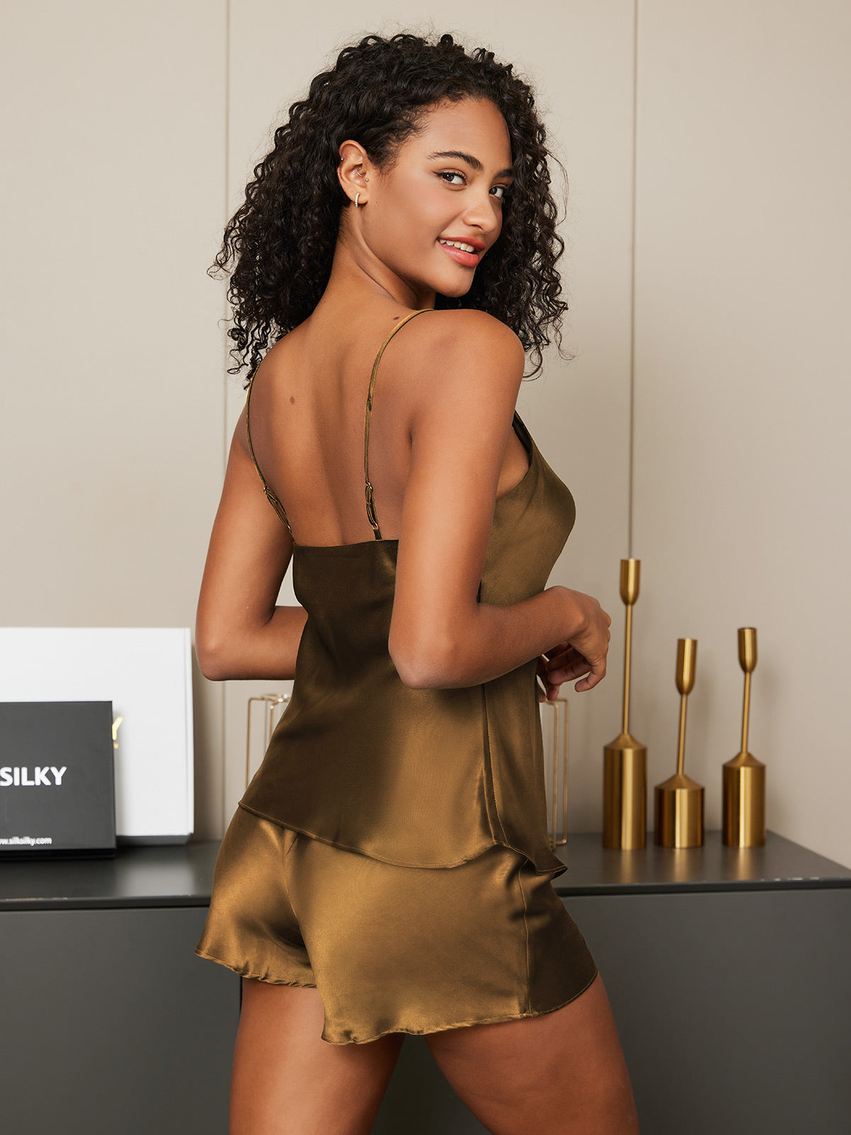 [Coffee] SilkSilky  Pure Silk V Neck Camisole Set 005